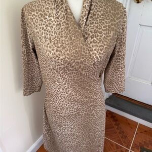 J. McLaughlin Tan Ruched Wrap Dress Cowl Neck 3/4 Sleeve